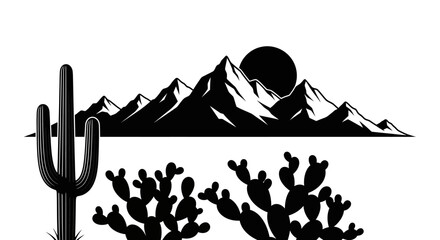 A striking black and white illustration of a desert landscape featuring a saguaro cactus, prickly pear cacti, majestic mountains, and a setting sun. © Dedi