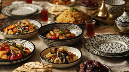 Obraz premium Vibrant Eid al-Adha Feast: Authentic Middle Eastern Culinary Delights on a Traditional Table Spread, Celebrating Islamic Holiday Culture and Family Gatherings.