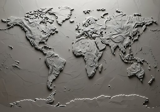 Detailed embossed world map sculpture in grayscale