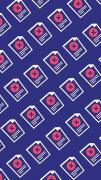Seamless pattern of rejected document icons with red cross mark symbol in a background animation. Abstract vertical wallpaper for data error and failed file verification in the mobile screen backdrop.