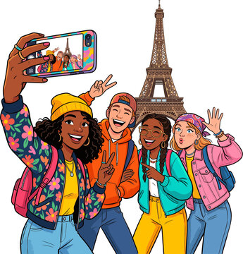 Teenagers taking selfie in front Eiffel Tower on sunny day