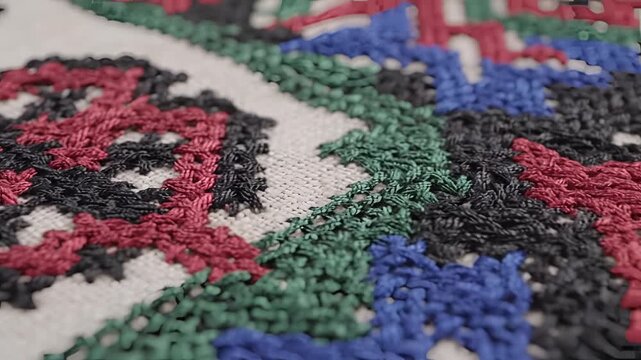 Closeup of intricate embroidered textile with geometric patterns.