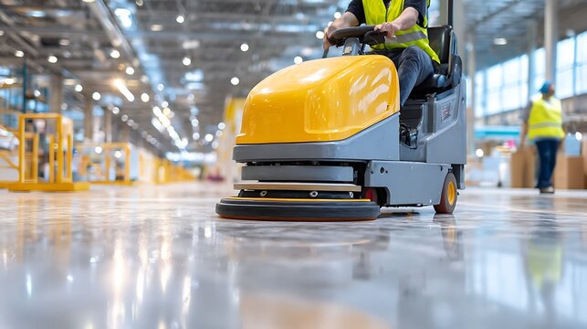 Worker operating floor scrubber machine in warehouse