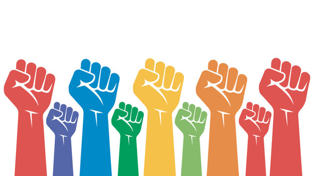 Colorful raised fists symbolizing unity protest empowerment activism social justice movement diversity equality solidarity human rights community strength concept