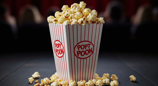 Fresh red popcorn in a movie theater bucket
