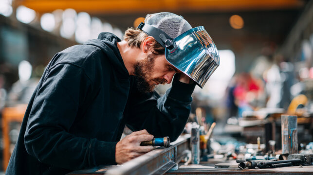 Welder visor inspection metal workshop focused male industrial tool safety worker fabrication