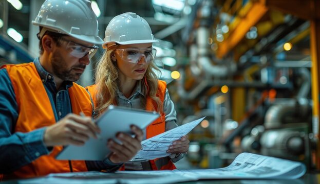 Two engineers in hard hats review plans and tablet in a bustling factory setting
