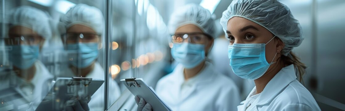 Masked female researchers in cleanroom gear observe and record data in lab
