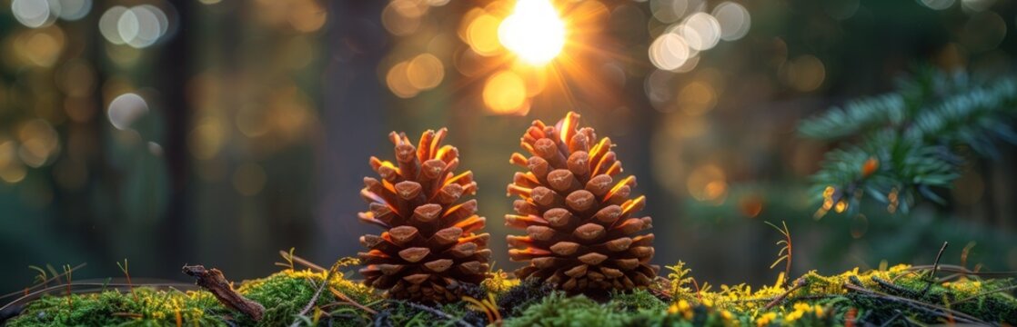 Golden sunlight illuminates two pine cones nestled on green moss in a forest