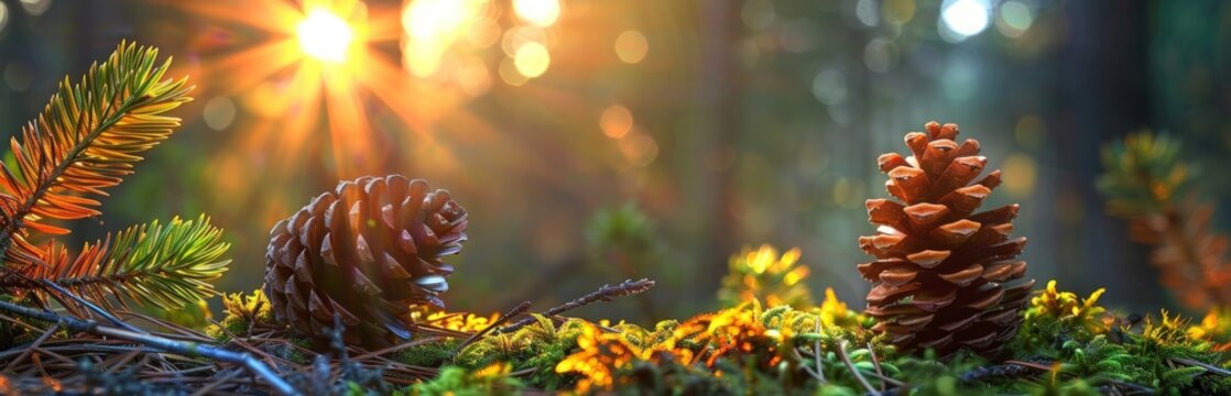 Golden sun rays pierce through trees, illuminating two pinecones on vibrant green moss