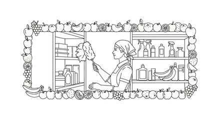 Obraz premium Woman cleaning kitchen shelves with feather duster, surrounded by fruits and vegetables border