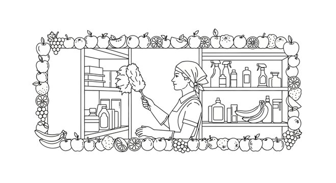 Woman cleaning kitchen shelves with feather duster, surrounded by fruits and vegetables border