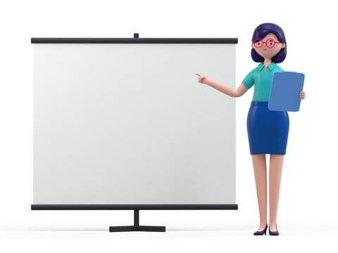 A woman stands next to a blank whiteboard