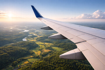 Obraz premium View from airplane window showing a commercial aircraft wing flying high above beautiful green countryside valleys and a winding river during a peaceful golden sunrise