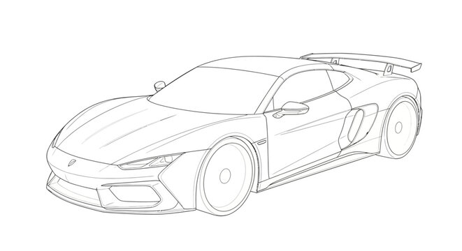 Detailed line drawing of a sleek sports car with a spoiler, showcasing its aerodynamic design and modern features against a stark white background using a minimalist style, creating a clean