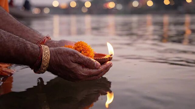 Hands offering a diya and marigolds for spiritual cleansing at the ganges during ganga dussehra.