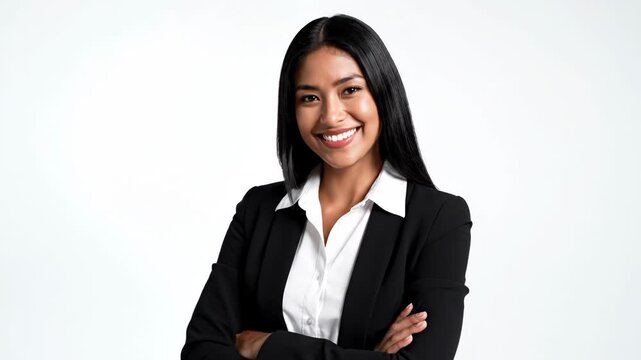 Smiling young businesswoman with crossed arms isolated on white background