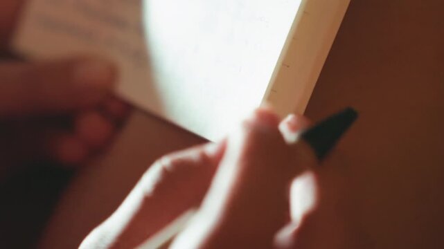 Closeup hand writing on notebook, cool shadowed light, sharp pen tip, silver rings on finger, concentrated note formation, margin edits and checklist drafting, tactile paper texture, latenight study
