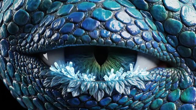 Closeup of a dragon eye highlighting geometric patterns and contemporary art