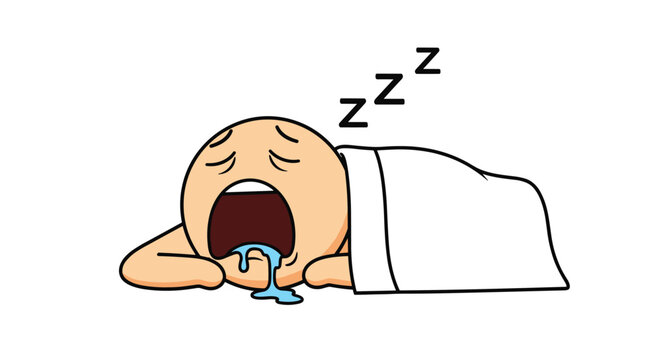 Funny cartoon character sleeping deeply under a white blanket with a wide open mouth drooling and three Z symbols floating above.