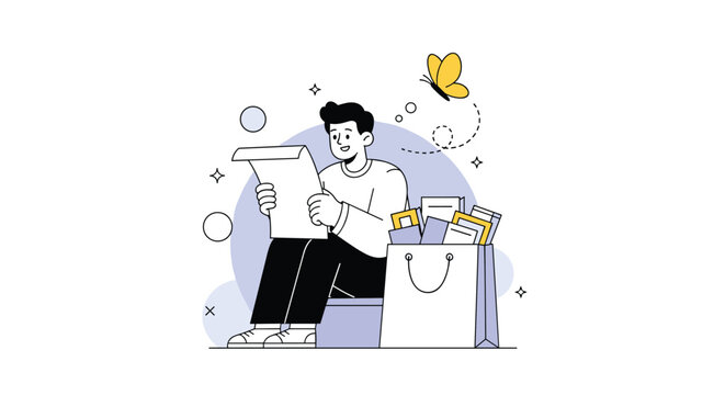 Young man sitting and reading a very long document or list next to a large shopping bag overflowing with items in a clean flat style.