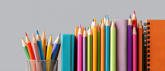 Fototapeta premium Assorted colored pencils in a cup and neatly stacked notebooks against a neutral background, ideal for education, creativity, and office concepts.