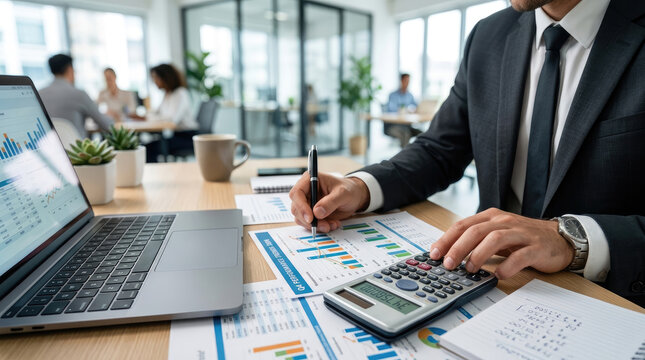 Businessman working on financial reports and calculations in a modern office.