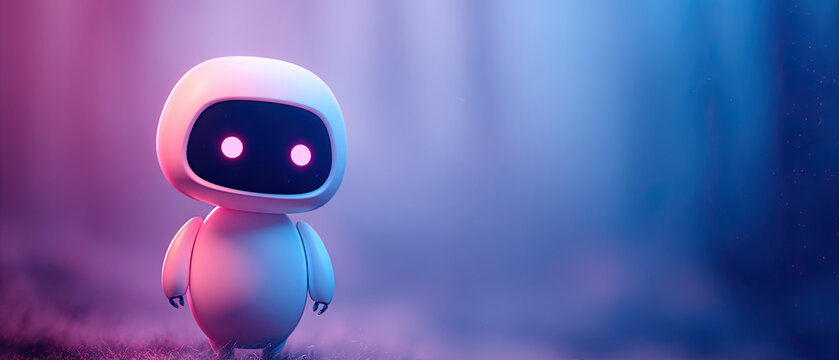 Adorable robot character standing on soft ground, illuminated by vibrant blue and pink lights, with a dreamy blurred background for tech or creative concepts.
