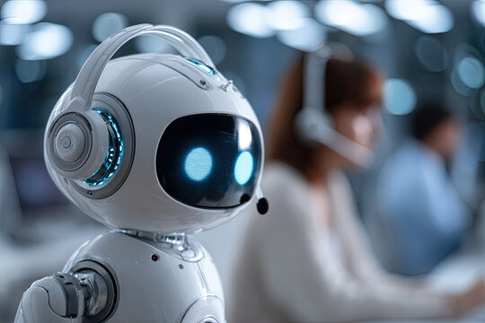 Futuristic AI robot with headset working in modern office, customer service concept. Soft focus background with human operator, technology theme.