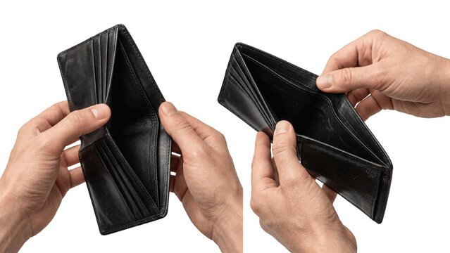 Hands holding an empty black leather wallet isolated on transparent background