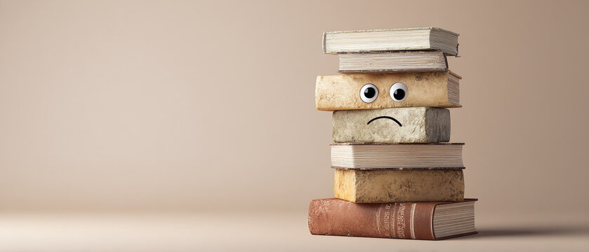 Stack of old books with a sad face and googly eyes on beige background, expressing emotion and education concepts.