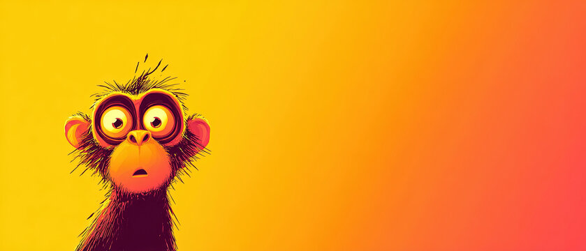 Playful cartoon monkey with a surprised expression on a vibrant yellow to orange gradient background, perfect for creative projects and advertising.