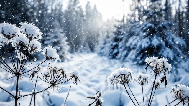 Winter landscape with snowcovered plants in a forest