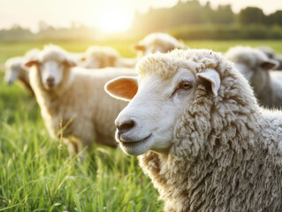 Fototapeta premium Close-up Portrait of Gentle Woolly Sheep in Sunny Field for Eid al-Adha Symbolism