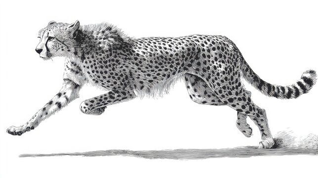 Black and white engraving of running cheetah fast wild cat animal motion speed power nature