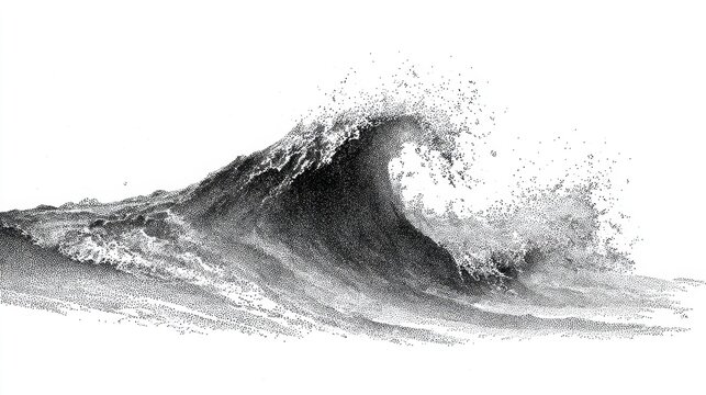 Ocean wave pointillism black white illustration dynamic sea water motion art design nature