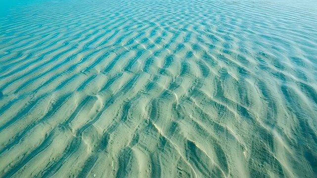 Blue clear water flowing over sandy beach floor. Rippling tide moving across patterns in sea sand. Coastal nature background reflecting sunlight on ocean surface.