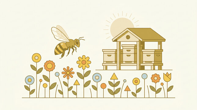 Minimalist illustration of a bee flying near a wooden beehive and colorful flowers