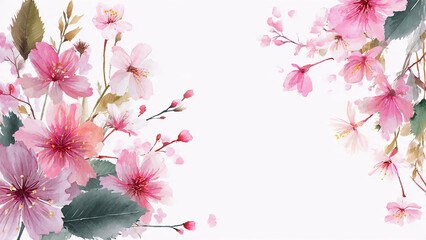 Soft watercolor cherry blossom border with pink flowers and leaves on white background, elegant spring floral design with copy space