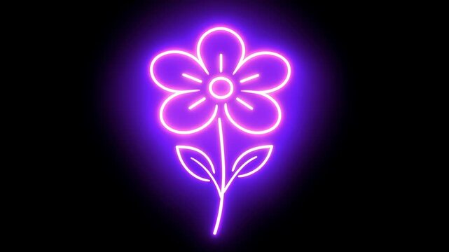 Neon flower glowing purple light minimal design icon on dark background modern aesthetic style