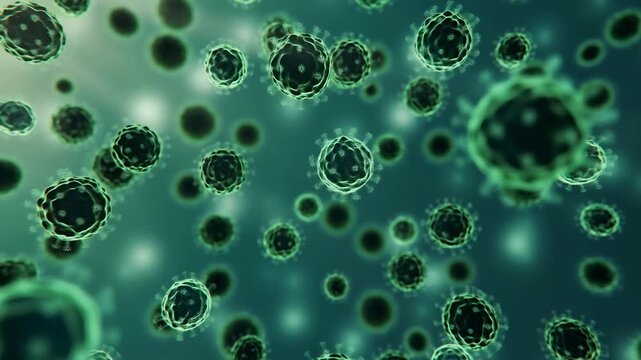 Abstract visualization of microscopic viruses in motion. Represents the importance of health, science, and biological research in understanding pathogens