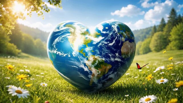 Heart shaped earth globe in sunny meadow with flowers nature environment concept harmony and life