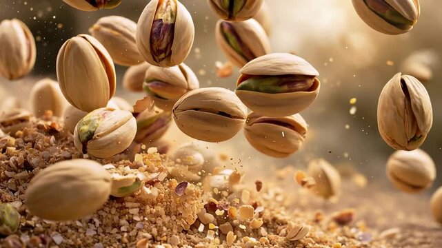 Pistachio nuts flying over sugar crumbs macro food background with motion and texture rich detail