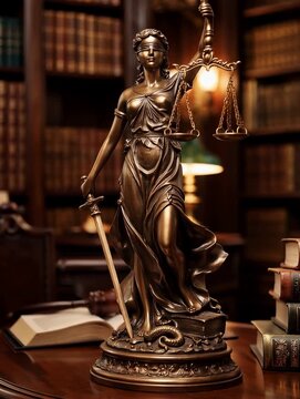 Lady justice statue with scales and sword in library interior law symbol balance concept classic