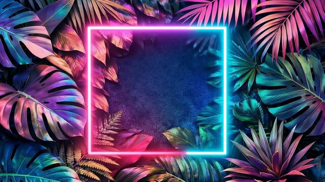 Neon frame glowing over tropical leaves vibrant gradient background abstract summer party design