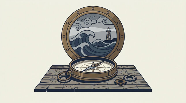 Vintage nautical compass and map with sea illustration