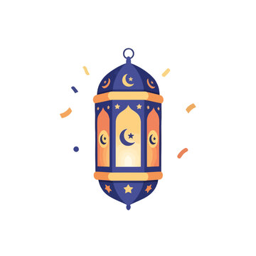 A decorative hanging lantern with glowing light and celestial patterns on white background