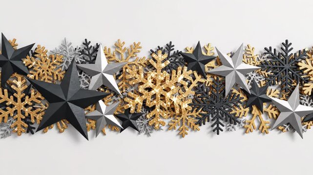Festive christmas background with gold, silver, and black stars and snowflakes isolated on white background