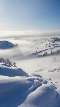 Snow-covered mountains rising above clouds aerial