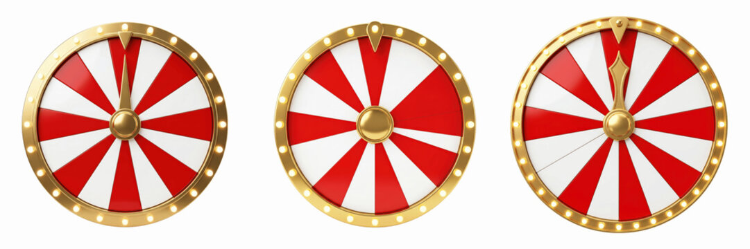 Three red and white carnival prize wheels isolated on transparent background